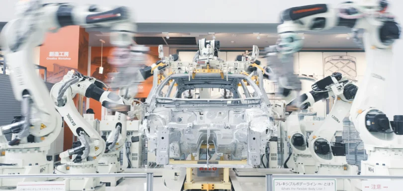 Roboterarme an einer Karosserie in der Automobilfertigung