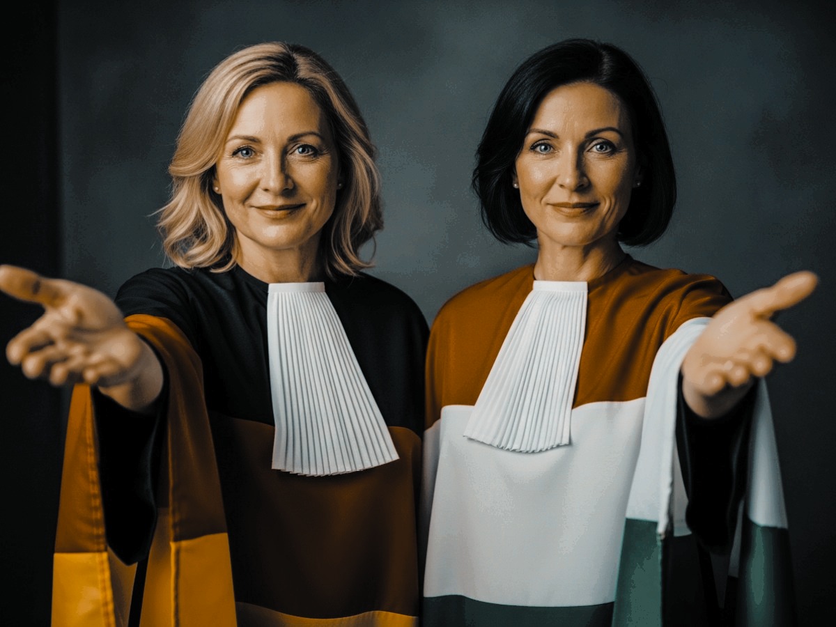 HUNBLOG 8 Zwei Steuerberaterinnen in Anwaltsroben strecken Hände aus – Symbolbild für Doppelbesteuerung Ungarn Deutschland