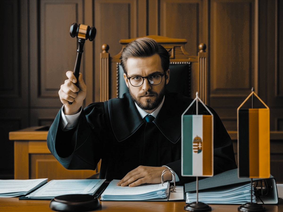 HUNBLOG 9 Richter mit Hammer vor ungarischer Flagge – Symbolbild für rechtliche Fragen zur ungarischen Kft